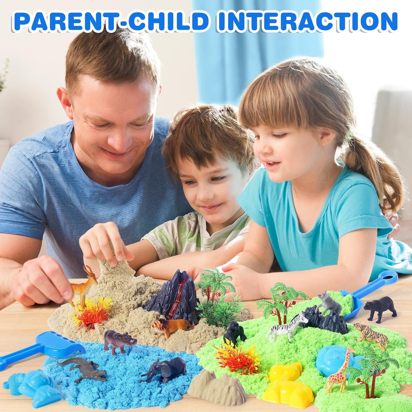 Billeeit Animal Sensory Bin Sand Toy, Play Sand Kit w/lid and 2.2lbs Moldable Sensory Sand, Molds, Tools, Map Set 30+pcs Total, Fun Gifts for Kids 3+