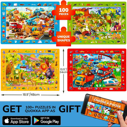 QUOKKA 100 Piece Puzzles for Kids Ages 4-6 - 4 Jigsaw Puzzles for Kids Ages 6-8 - Search and Find Game with Animals, Dinosaurs for Childrens 5-8 - Learning Educational Toys for Boys and Girls 8-11