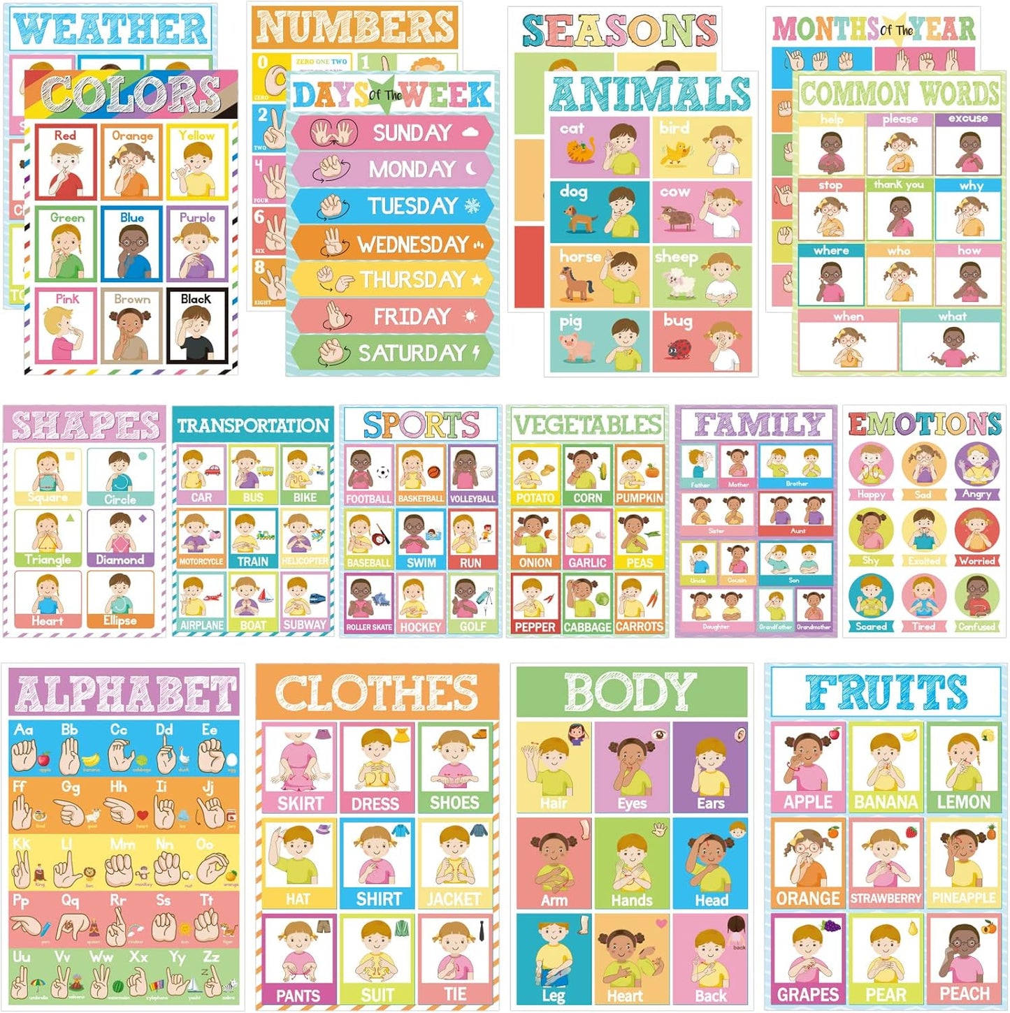 18 Pieces Sign Language Poster ASL Poster for Classroom ASL Posters Sign Language Flash Cards for Toddlers Kids Students Classroom Decoration