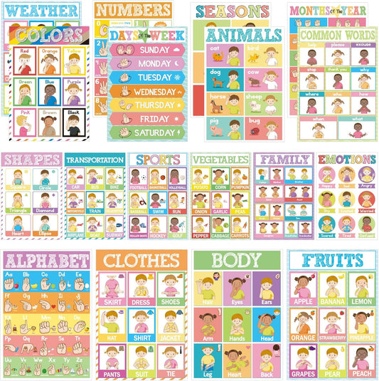 18 Pieces Sign Language Poster ASL Poster for Classroom ASL Posters Sign Language Flash Cards for Toddlers Kids Students Classroom Decoration