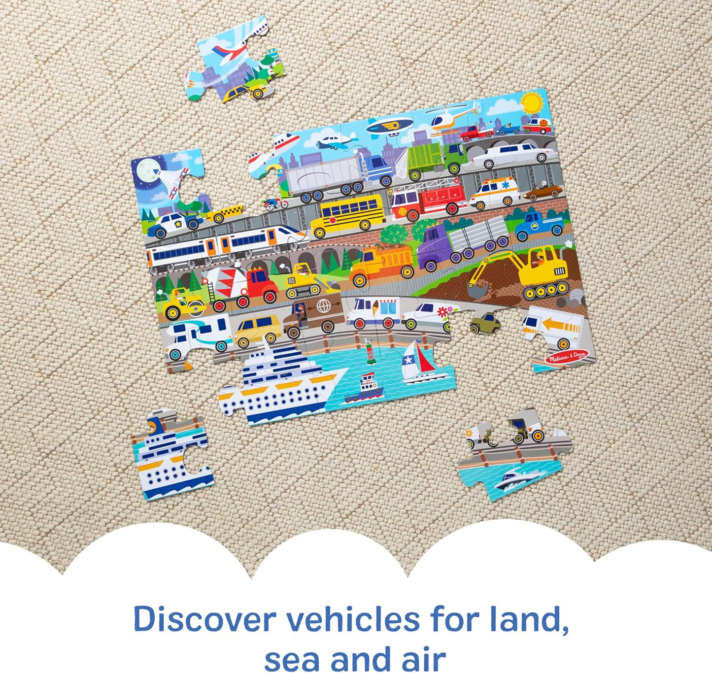 Melissa & Doug Traffic Jam, City Vehicle Themed Jumbo Floor Puzzle, 24-Piece Jigsaw Puzzle with Multiple Vehicles, 3 x 2 Foot Toddler Puzzles for Kids Ages 3+