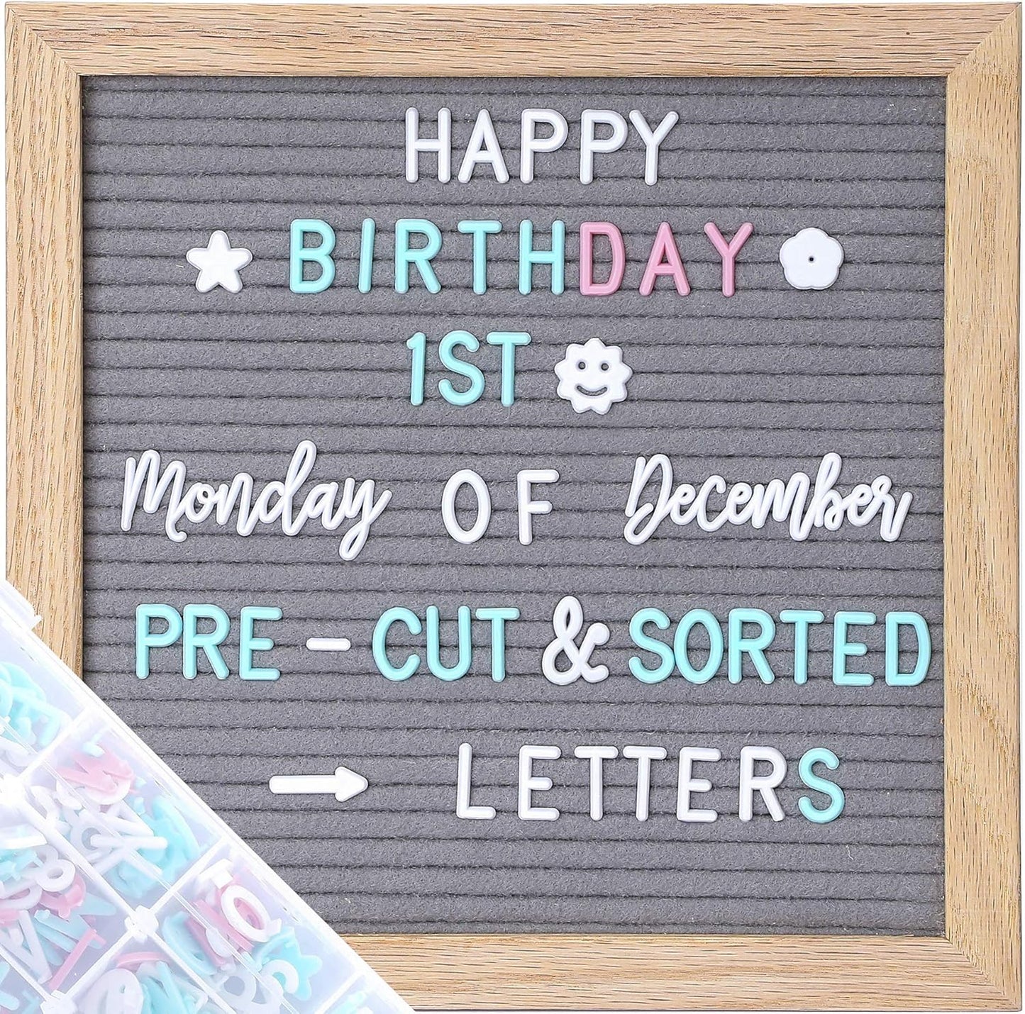 Felt Letter Board Message Board 10x10inch with Stand,Pre-cut&Sorted 805pcs White,Blue&Pink Changeable Letters+Weeks &Months Cursive Words,Word board Sign board with Sorting Tray&Gift Box(Gray)