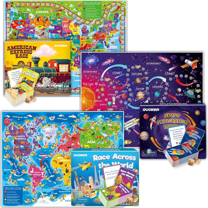 QUOKKA 3X Set Learning Board Games for Kids 8-12 - Educational Trivia Cards Ages 6-8 - Travel United States - World Map - Explore Outer Space - Gift for Children and Teens 4-8 - Jigsaw Puzzles
