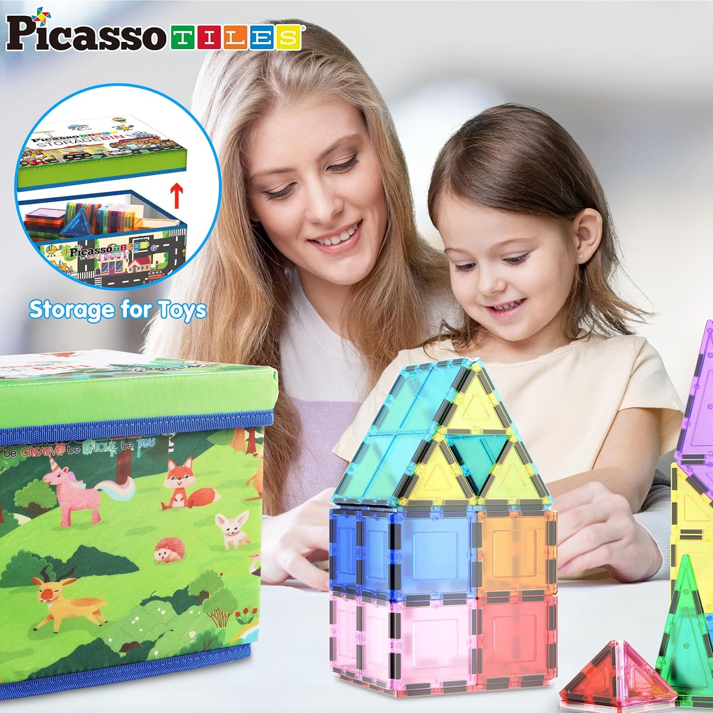 PicassoTiles Foldable Toy Storage Chest Box Forest Animal Theme Magnet Tile Organization Bin with Lid and Handles Magnetic Tiles Playroom Organizer STEM Early Educational Toys Boys Girls Ages 3+ PTA34