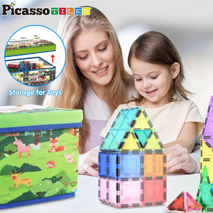 PicassoTiles Foldable Toy Storage Chest Box Forest Animal Theme Magnet Tile Organization Bin with Lid and Handles Magnetic Tiles Playroom Organizer STEM Early Educational Toys Boys Girls Ages 3+ PTA34