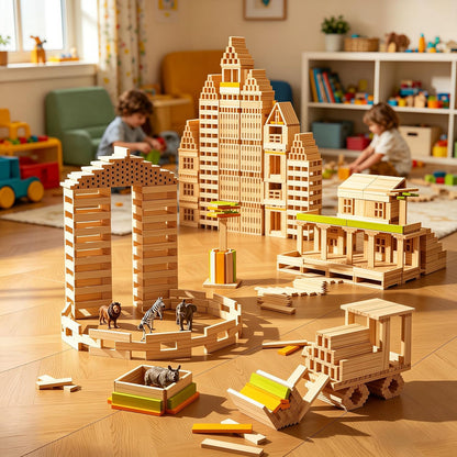 Premium 300 Pcs Natural Wooden Building Blocks for Kids Ages 3-12,Pine STEM Construction Toy - Open-Ended Classic Building Blocks Set for Castles, Bridges & Towers, Educational Learning Gift (4.7 in)