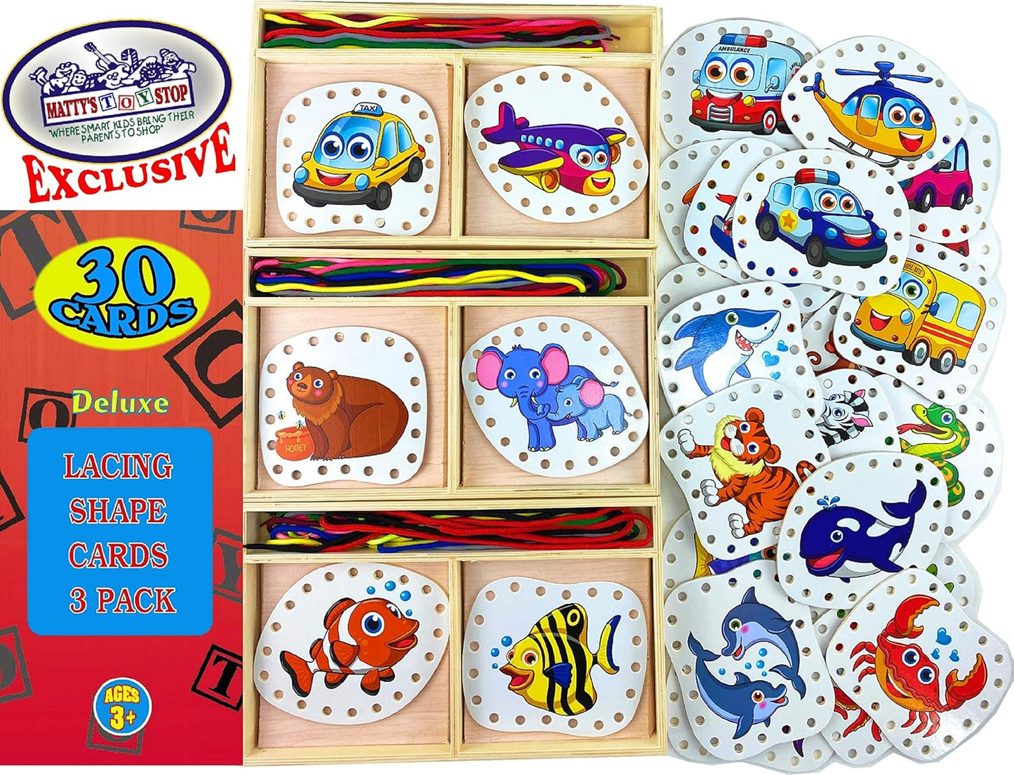 Matty's Toy Stop Deluxe Lacing Shapes (10 Count) Vehicles, Fish & Jungle Animals Educational Gift Set Bundle - 3 Pack (30 Shapes Total)