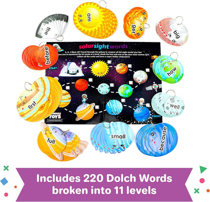 Solar Sight Words Flash Cards Kindergarten - 220 Reading Flash Cards for Kids Ages 4-8, Kindergarten Homeschool Supplies, Learn to Read Games for Kids Ages 5-7, 220 Dolch Sight Words