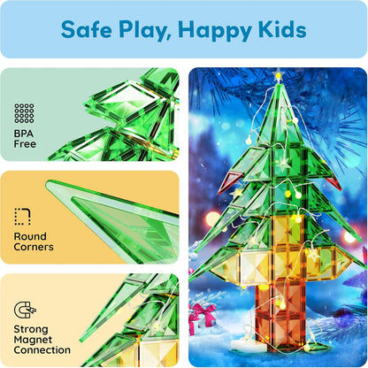 PicassoTiles Magnetic Tile Christmas Holidays Cottage Building Set with Santa Elves Nutcracker 6 Character Figures STEM Educational Construction Toy Winter Magnet Block Gift for Kids Age 3 Plus PTQ08