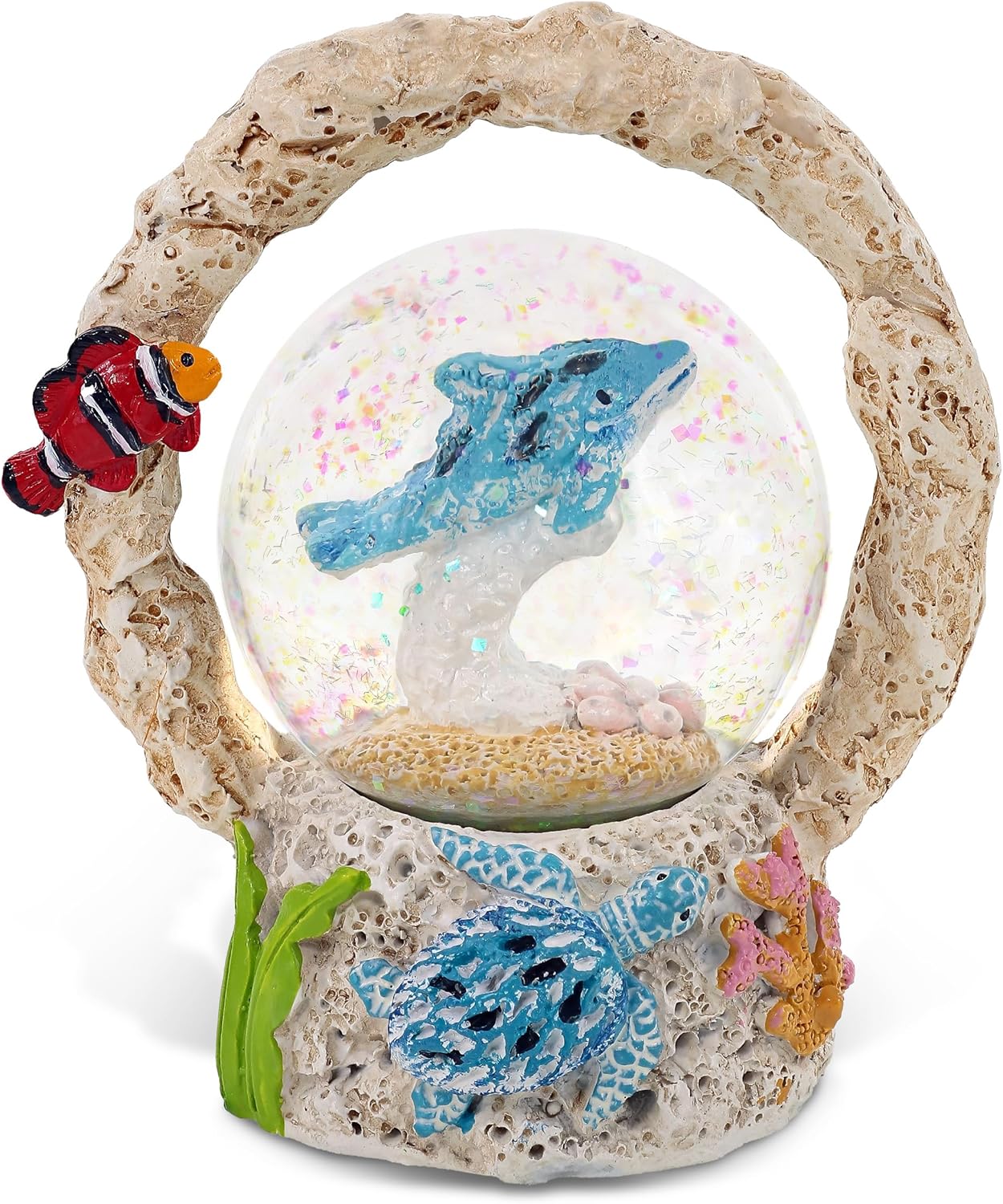 CoTa Global Dolphin Coral Snow Globe Decor - Elegant Pink Sparkle Glitter Inside The Snow Globe Figure, Animal Figurines for Kids and Adults, Collectible Snow Globes for Birthday, Christmas - 45 mm