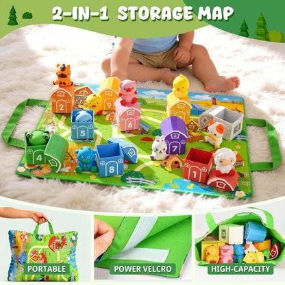 Montessori Toys for Toddlers 1 2 3 Years Old, Farm Animal Train Set with Counting Matching Sorting Activities 9 Barns, 10 Finger Puppets, 2 Stickers-Learning Toys for Baby Boys Girls, Preschool Gift