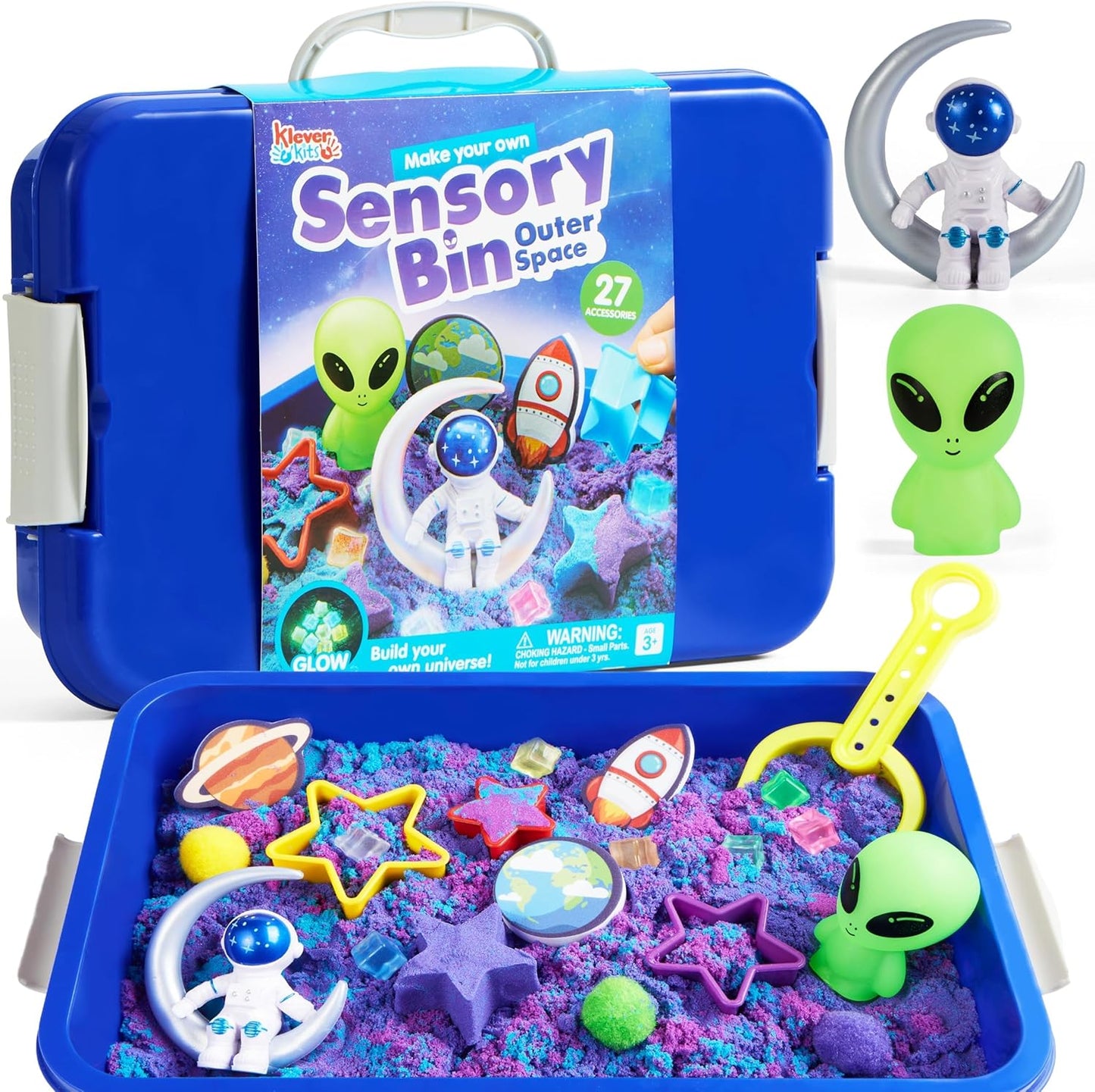 JOVA Klever Kits Dinosaurs Sensory Bin Toys for Toddlers with Glow in The Dark Dinosaurs, Sandbox with Lid Sand, Preschool Learning Activities Gifts for Boys Girls Age 3+