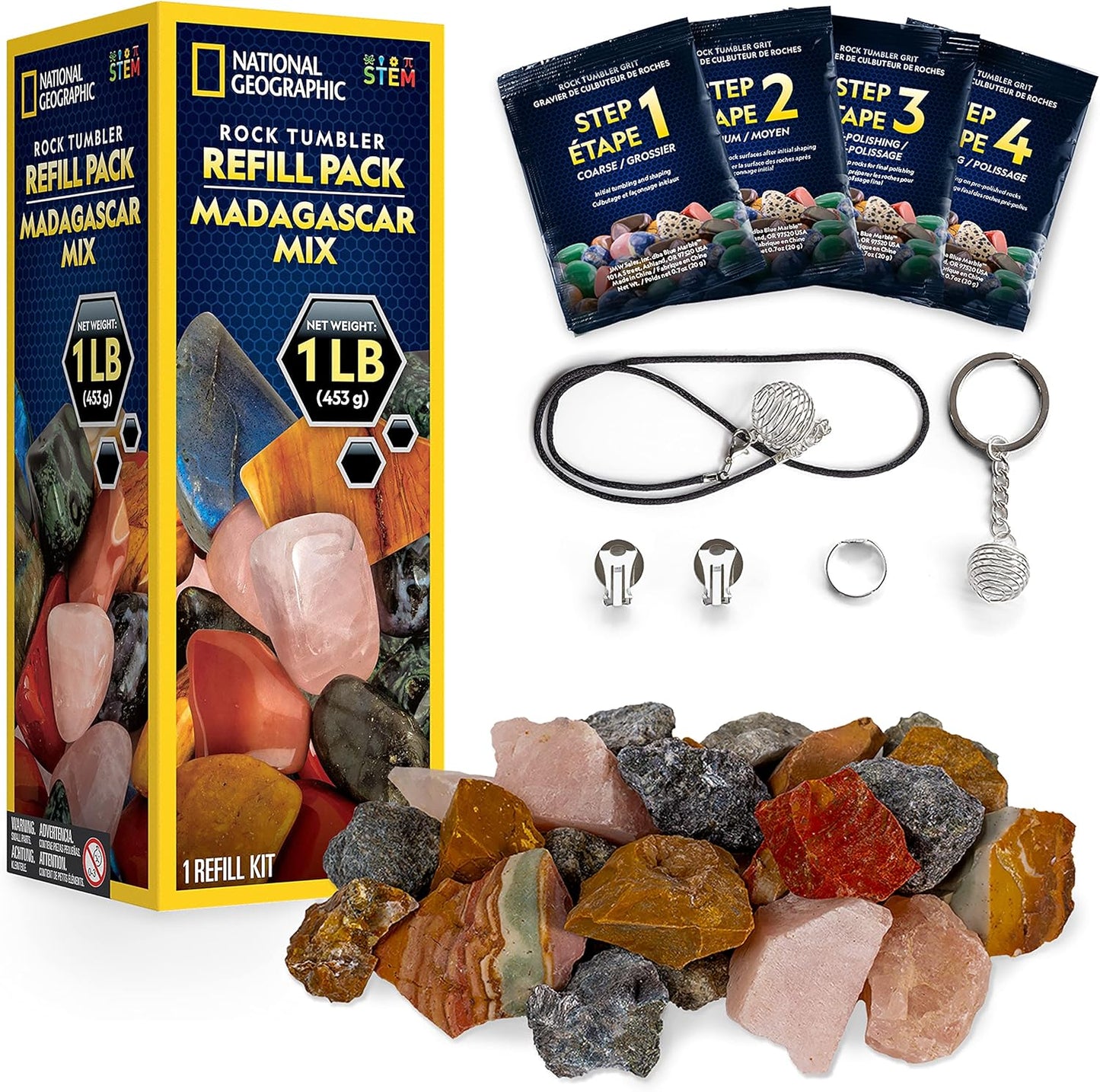 NATIONAL GEOGRAPHIC Rock Tumbler Refill Kit – 1 Lb. Madagascar Rocks for Tumbling with Rose Quartz, Red Jasper, Indigo Gabbro & More - Tumbler Supplies, Rock Polishing Grit and Jewelry Accessories