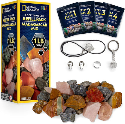 NATIONAL GEOGRAPHIC Rock Tumbler Refill Kit – 1 Lb. Madagascar Rocks for Tumbling with Rose Quartz, Red Jasper, Indigo Gabbro & More - Tumbler Supplies, Rock Polishing Grit and Jewelry Accessories
