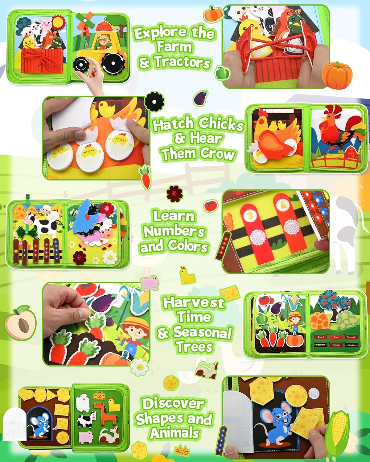 Meafeng Busy Board for Toddlers 1-3 – Montessori Busy Toys for 1 2 3 Year Old Boys Girls, Preschool Educational Travel Quiet Activity Book with Life Skills, Sorting, Matching, and Cognitive Games