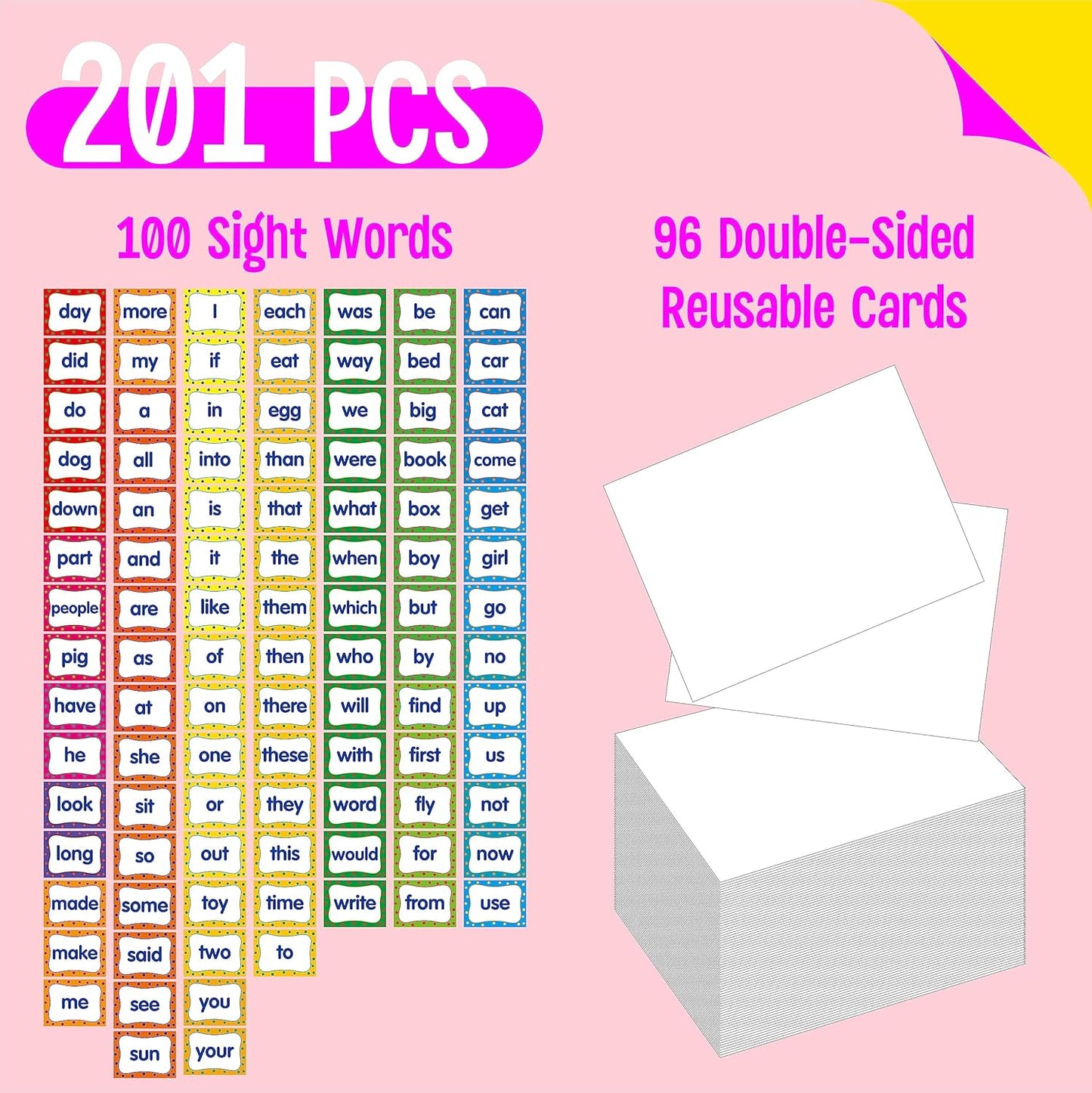First Sight Word Cards, 100 First Word Cards & 96 Double-Side Erasable Blank One Pocket Chart Cards for Beginning Reading, Sight Reading, Early-Reading, Students Classroom Home School Use