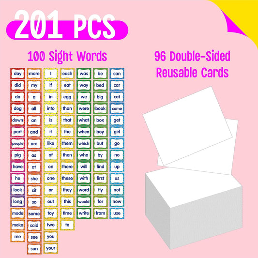First Sight Word Cards, 100 First Word Cards & 96 Double-Side Erasable Blank One Pocket Chart Cards for Beginning Reading, Sight Reading, Early-Reading, Students Classroom Home School Use