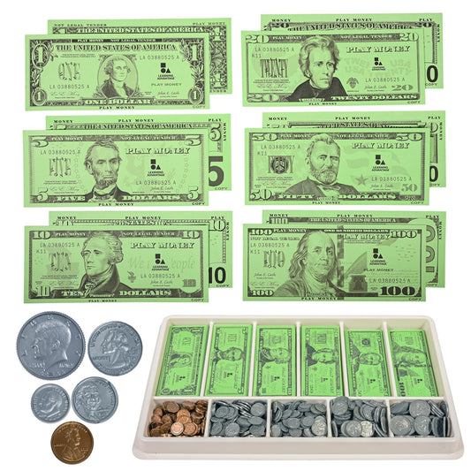 Learning Advantage Classroom Money Kit | Set of 950 Bills and Coins | Designed and Sized Like Real US Currency | Teach Currency, Counting and Math with Play Money | Includes Storage Tray and Lid