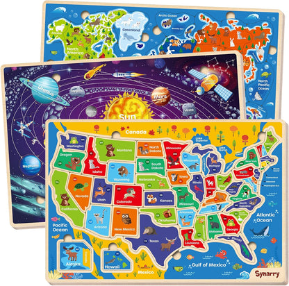 SYNARRY Large USA World Wooden Puzzles for Kids Ages 4-6, Learning United States World Maps Puzles for Kids Ages 6-8, Wood Jigsaw Puzzles Educational Games Toys Gifts for Boys Girls Ages 3-8