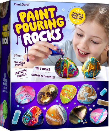 Dan&Darci Paint Pouring Rocks for Kids - Rock Painting Kit - Arts and Crafts for Kid Ages 8-12 - Craft for Girls 6 7 8 Year Old Girl - Birthday Christmas Gifts for Boys - Art Kits - Toys for Age 6-7