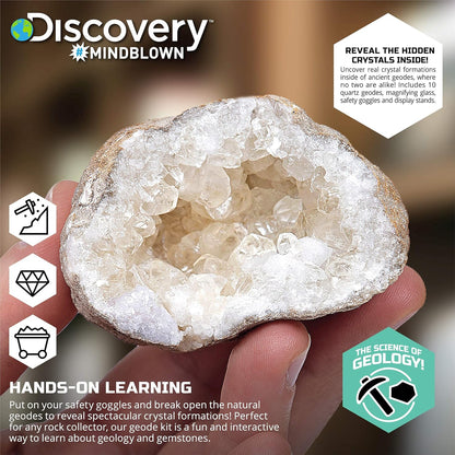 Discovery™ Mystery Crystal Geode Kit – Crack Open 10 Real Quartz Geodes| Includes Goggles, Magnifying Glass & Display Stands| Educational STEM Geology Toy for Kids| Science Activity Set Gift| Ages 6+