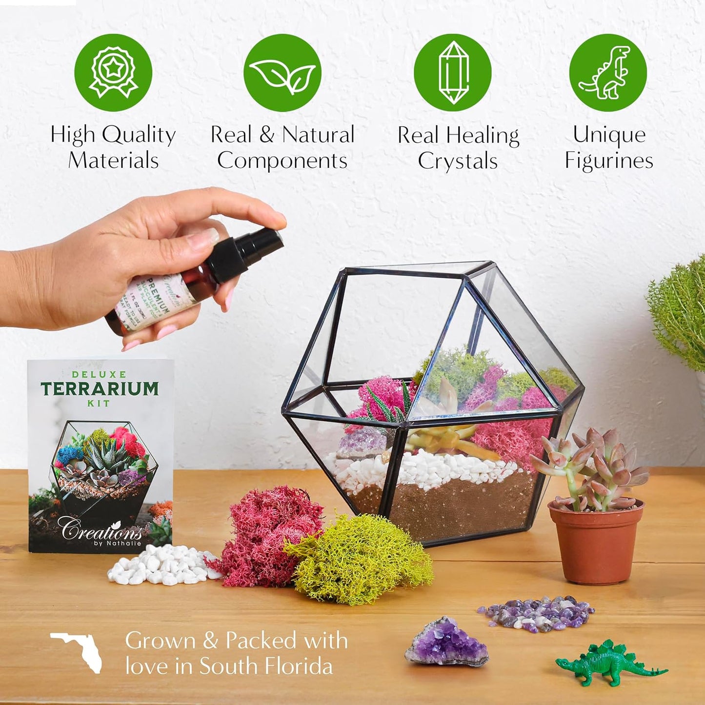 Creations by Nathalie – DIY Large Terrarium Starter Kit with Soil, Moss, Pebbles, Healing Crystal, Tools & Supplies – Terrarium Kit for Adults & Teens, Handcrafted in USA