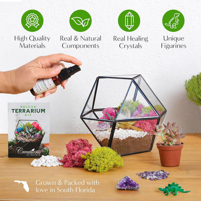 Creations by Nathalie – DIY Large Terrarium Starter Kit with Soil, Moss, Pebbles, Healing Crystal, Tools & Supplies – Terrarium Kit for Adults & Teens, Handcrafted in USA