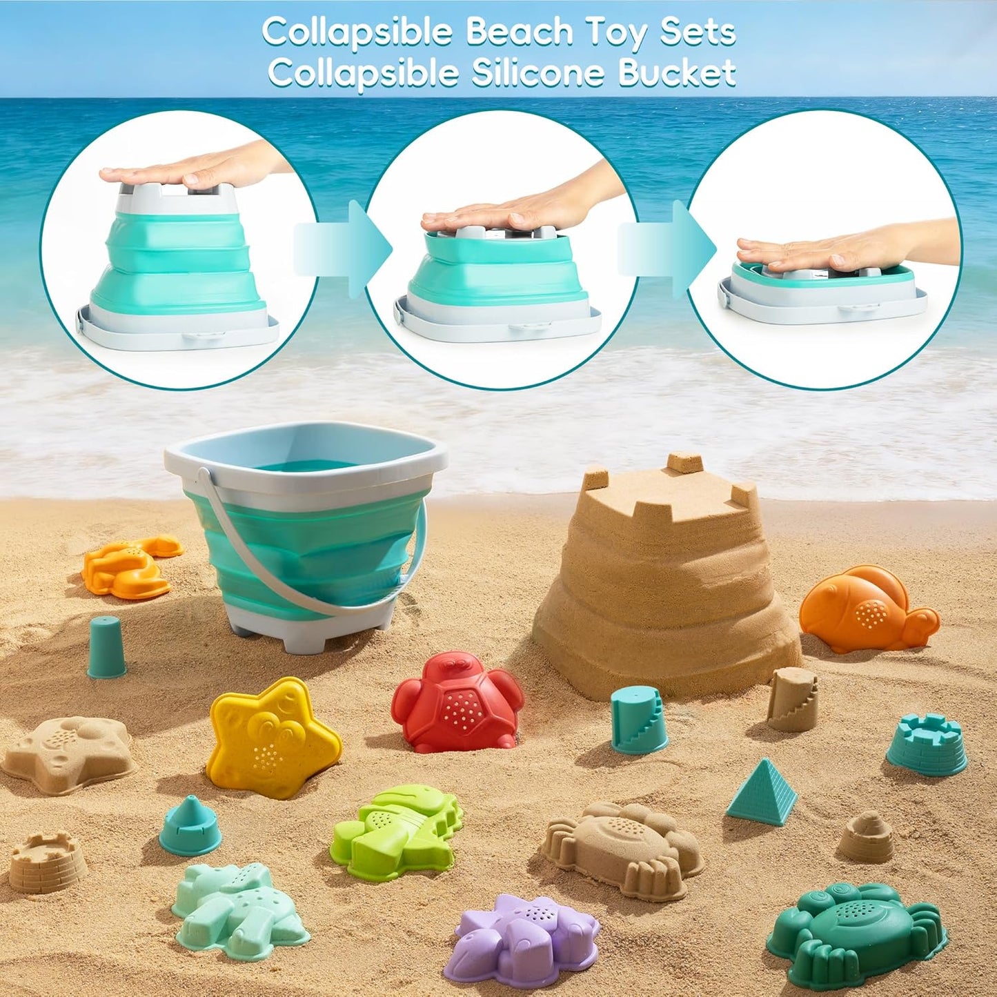 Sawaruita Beach Toys for Kids - Sand Toys Set Includes Collapsible Sand Bucket Shovel and Sand Rake Toy for Beach 12 PCS, Sandbox Toys Sandcastle Building Kit (A)
