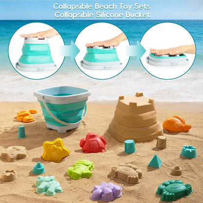 Sawaruita Beach Toys for Kids - Sand Toys Set Includes Collapsible Sand Bucket Shovel and Sand Rake Toy for Beach 12 PCS, Sandbox Toys Sandcastle Building Kit (A)