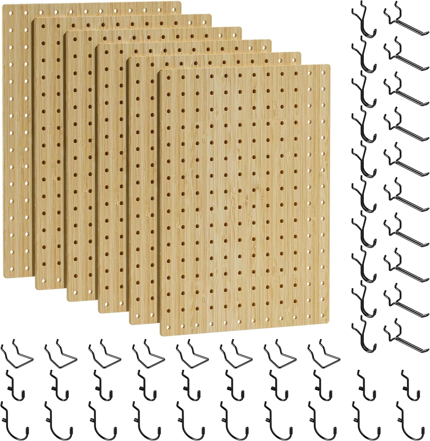 VOIMO Bamboo Pegboard Organizer Set, 6 Panels (16"x12") with 48 Hooks – Eco-Friendly Wall Mounted Storage Rack for Tools, Crafts & Office – Natural Bamboo Pegboard System with Accessories