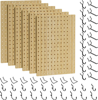 VOIMO Bamboo Pegboard Organizer Set, 6 Panels (16"x12") with 48 Hooks – Eco-Friendly Wall Mounted Storage Rack for Tools, Crafts & Office – Natural Bamboo Pegboard System with Accessories