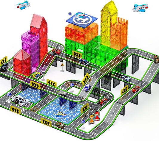150PCS Magnetic Tiles Road Set with Marble Run, Preschool Magnet Tiles Included Magnetic Cars. STEM Magnetic Tiles for Kids, Preschool Educational Building Toys for Boys & Girls