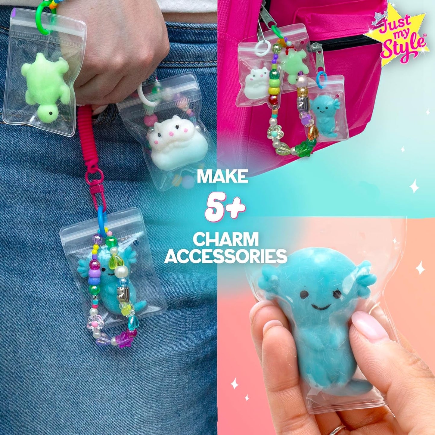 Just My Style Squishy Charms, Create 5 Squishy Bag Charms, Necklaces, Friendship Bracelets with Kawaii TPR Squishies in Pouches & Beads for Jewelry Making, Unique Jewelry Making Kit, Gifts for Girls