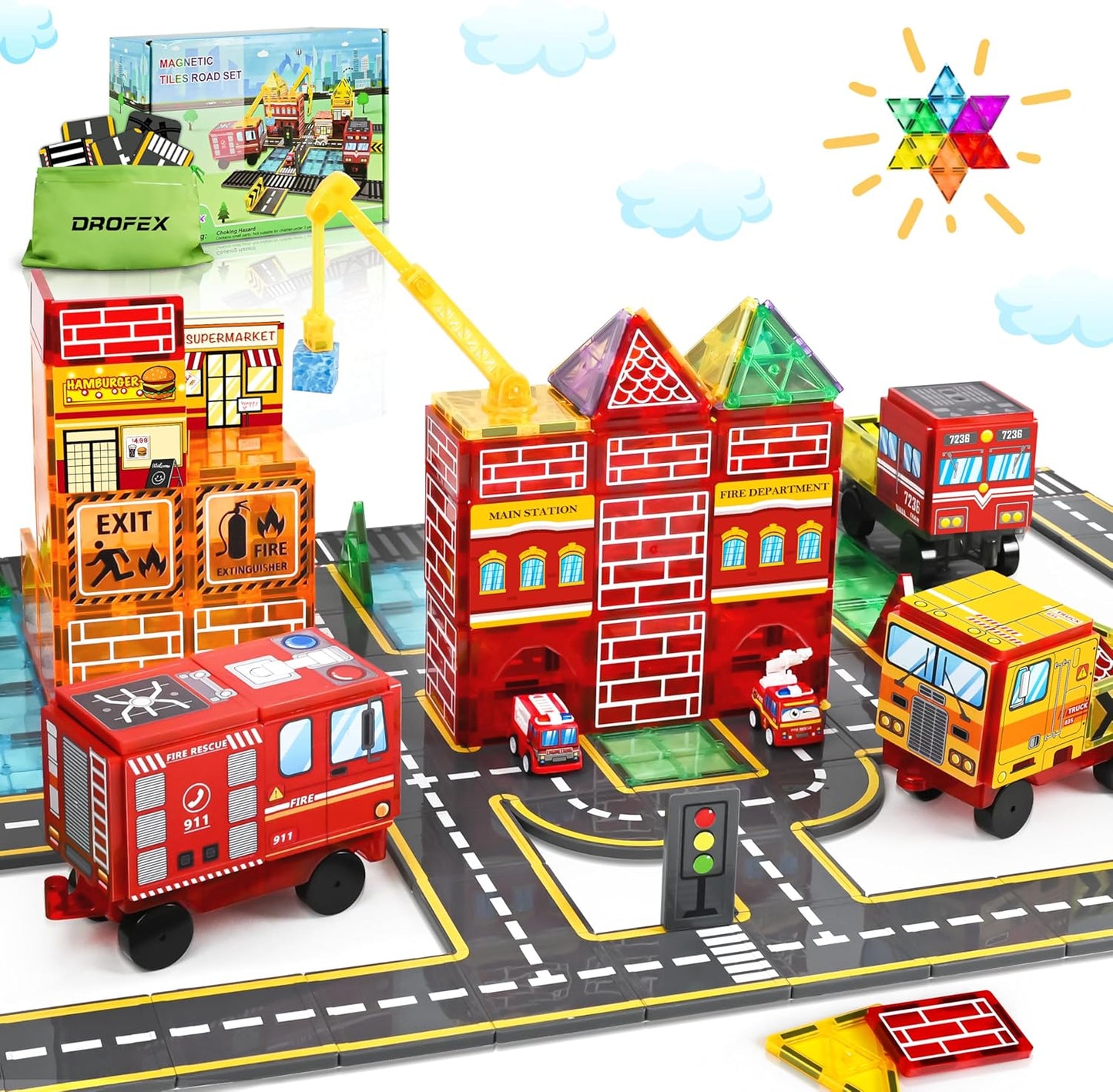 Drofex 42pcs Magnetic Tiles Road, Magnetic Building Blocks City Construction Toys for 3+Year Old Boys Girls, Kids Montessori Toys for Toddler, STEM Learning Gifts