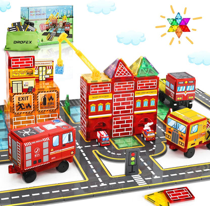 Drofex 42pcs Magnetic Tiles Road, Magnetic Building Blocks City Construction Toys for 3+Year Old Boys Girls, Kids Montessori Toys for Toddler, STEM Learning Gifts