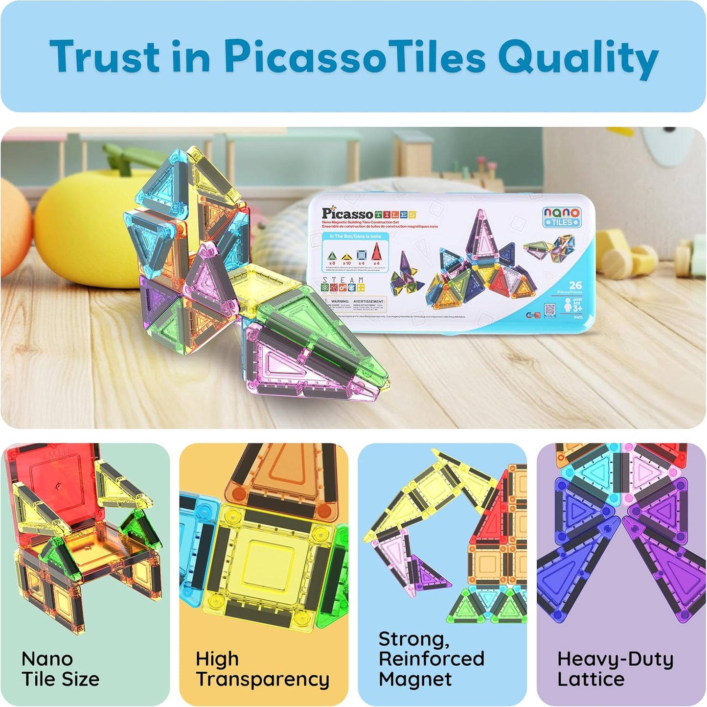 PicassoTiles 80 PCs Magnetic Tiles Travel Size Mini Version Building Block Construction Set for Kids Great Gift Ages 3+ Boys & Girls Preschool Kindergarten Montessori Playing Toys Stacking Fun PTM80