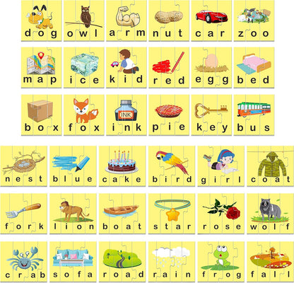 72 Word Spelling Puzzles with Error-Correction Mechanism in 3 Pieces, Perfect for Preschool Learning (36 Block Double Sided)