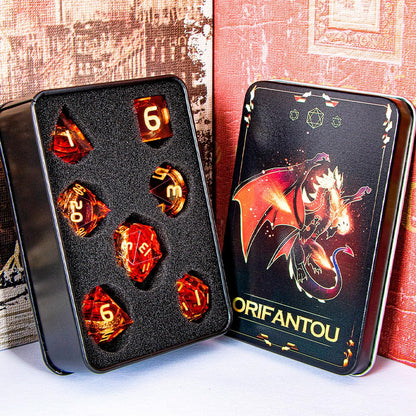 Magic Golden Ring DND Dice Set Sharp Edge Red Resin Dice with Box, for use with Dungeons Dragon RPG D&D Tabletop Games Lord D and D Polyhedral Dice Set