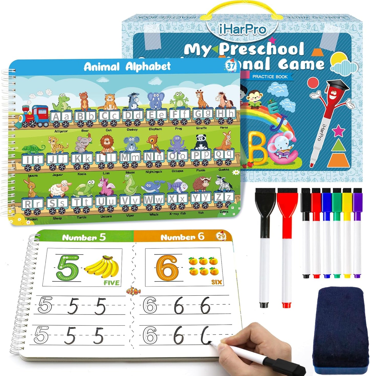 Handwriting Practice Tracing Books for Kids Ages 3-5, Montessori Preschool Learning Activity, Autism Educational Learn Number Letters Shapes Animal & Sight Words Workbook with 8 Dry Erase Markers