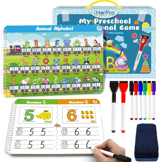 Handwriting Practice Tracing Books for Kids Ages 3-5, Montessori Preschool Learning Activity, Autism Educational Learn Number Letters Shapes Animal & Sight Words Workbook with 8 Dry Erase Markers