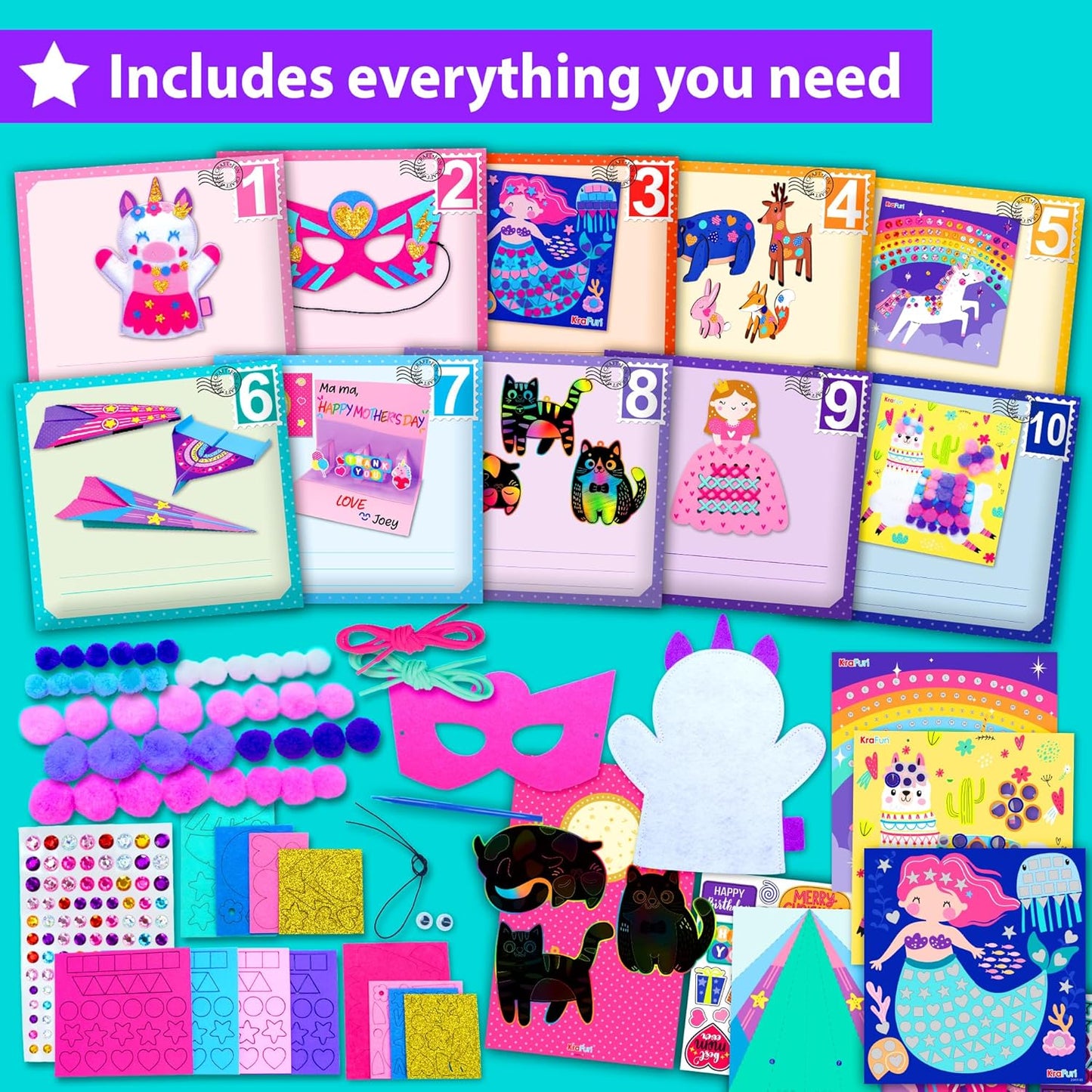 KRAFUN Toddler Art and Craft Kit, Preschool Educational Activities with 10 Envelope Projects - Origami, Puppets, Lacing & Pompoms, Creative DIY Gifts for Boys and Girls Ages 3-5