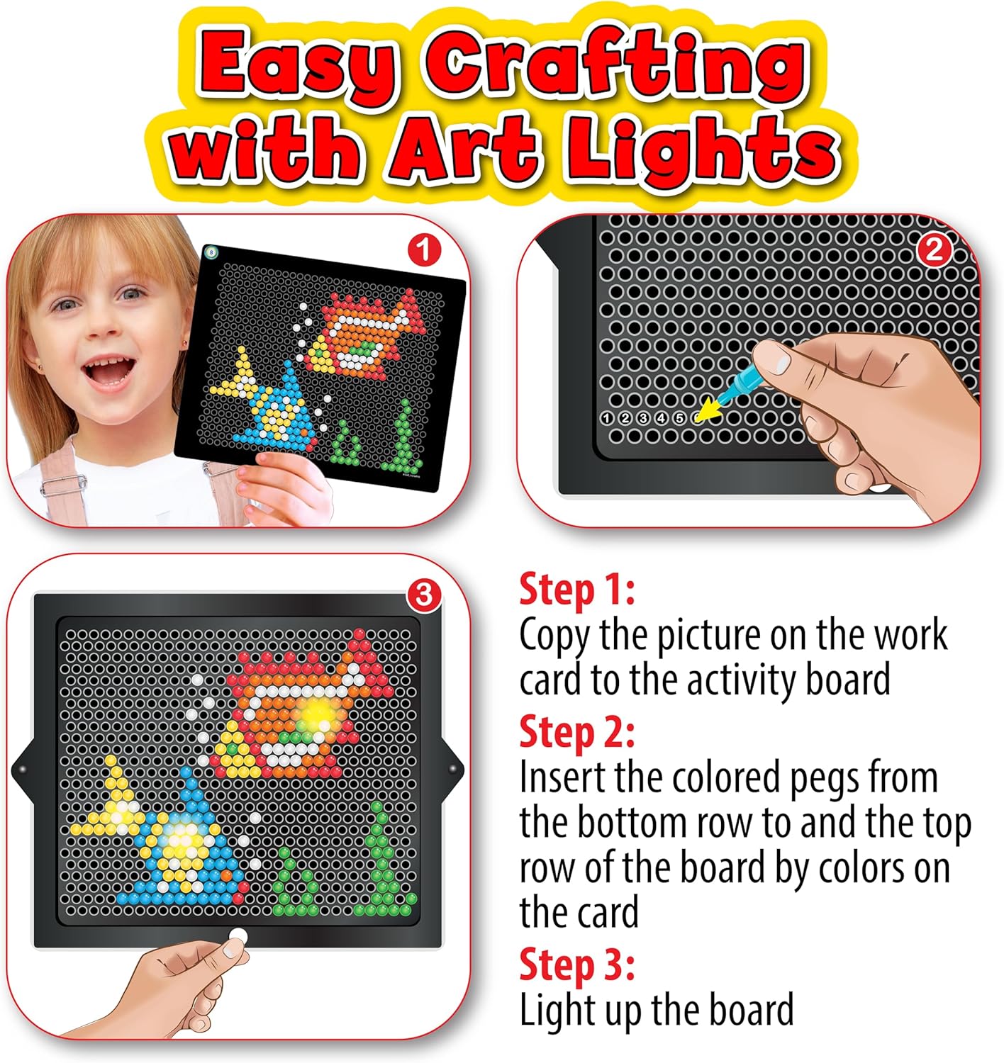 Small World Toys Art Lights, Montessori Light-Up Peg Board for Kids, STEM Educational Retro Toy with 12 Templates & 288 Bright Pegs, Creative Hands-On Activity for Fine Motor Skills, Gift for Ages 4+