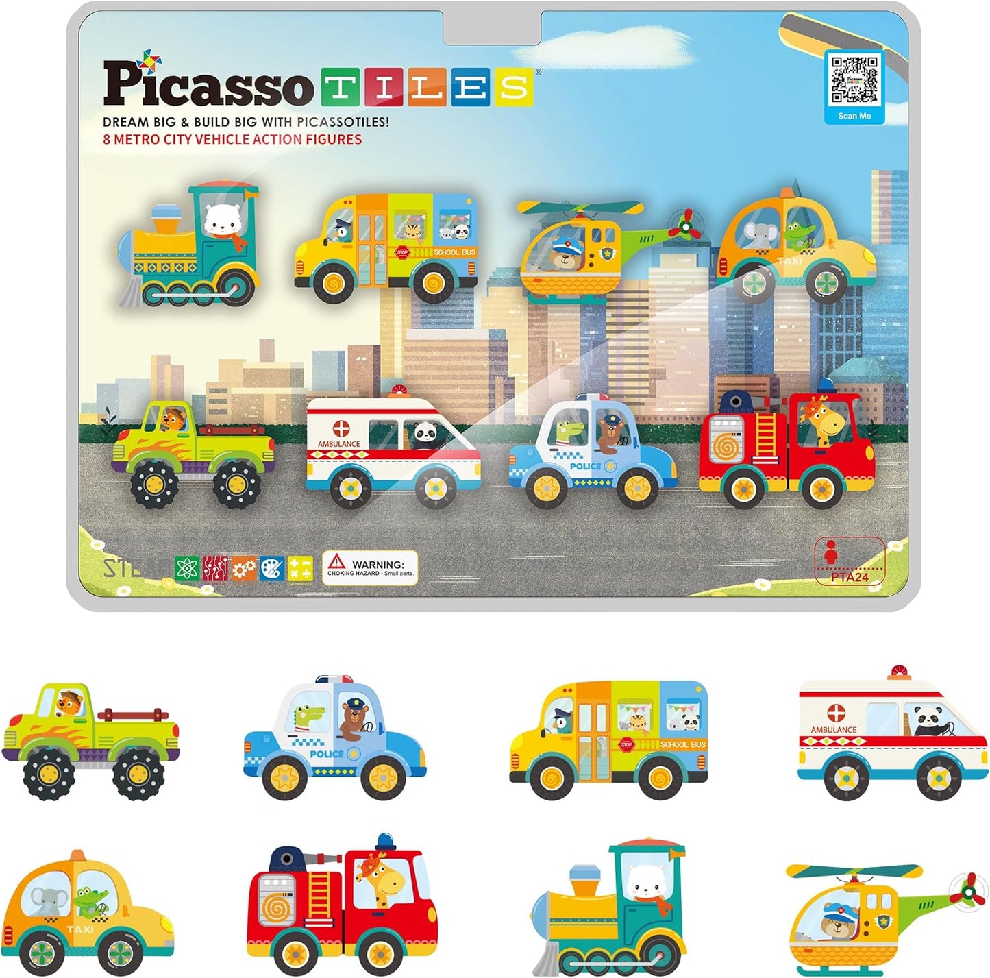 PicassoTiles Magnetic Tile Building Blocks Add On 8 Magnetized Action Figures Construction Vehicles & Zoo Animal Theme Compatible with Magnet Tiles Sets STEM Learning Toy for Boys & Girls Age 3+ PTA21
