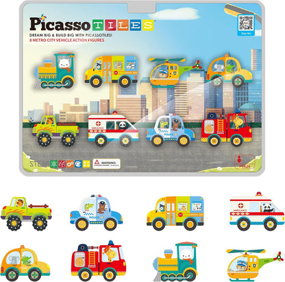 PicassoTiles Magnetic Tile Building Blocks Add On 8 Magnetized Action Figures Construction Vehicles & Zoo Animal Theme Compatible with Magnet Tiles Sets STEM Learning Toy for Boys & Girls Age 3+ PTA21