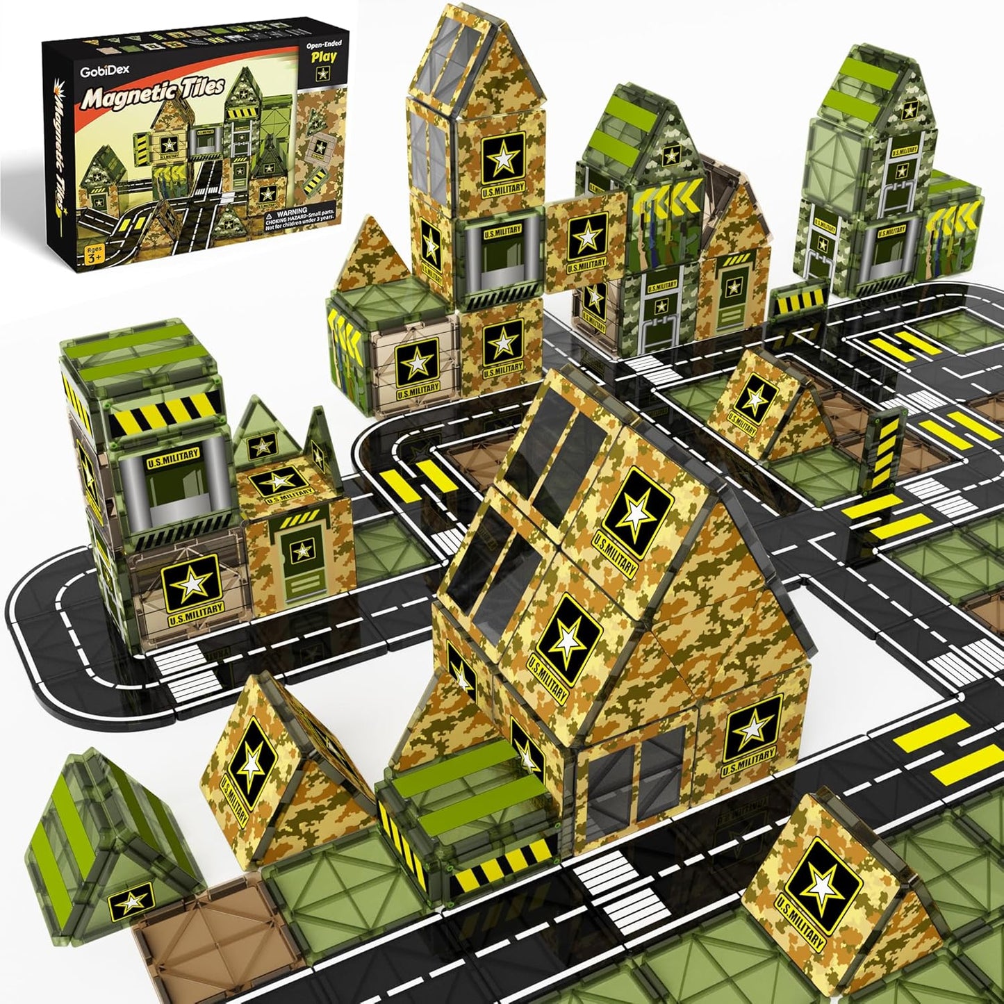 GobiDex 100PCS Army Magnetic Tiles Building Set for Kids, STEM Military Magnetic Building Blocks with 6 Magnetic Army Men, Educational Construction Toys Gift for Boys Girls 3 4 5 6 7 8 9+ Year Old