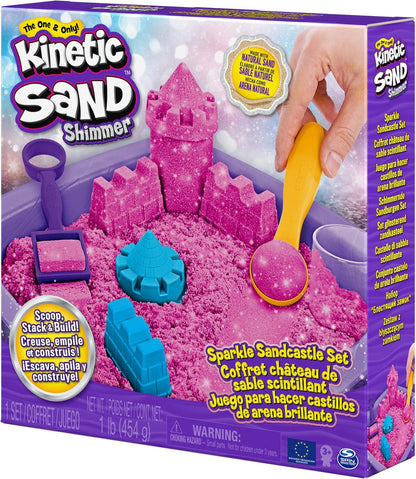 Kinetic Sand | Shimmer Sand Castle | Kinetic Sand 454g | Magic Sand | Pink Glitter Coloured Sand | 3 Accessories and Tray Included | Toys for Boys and Girls 3 Years