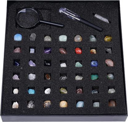 Natural Crystal Mineral Collection Kit - 43 Pcs Natural Rocks & Gemstones with Magnifying Glass, Pen & Crystal Guidebook, Geoscience Starter Collection Set for Kids & Adults Rock Enthusiasts