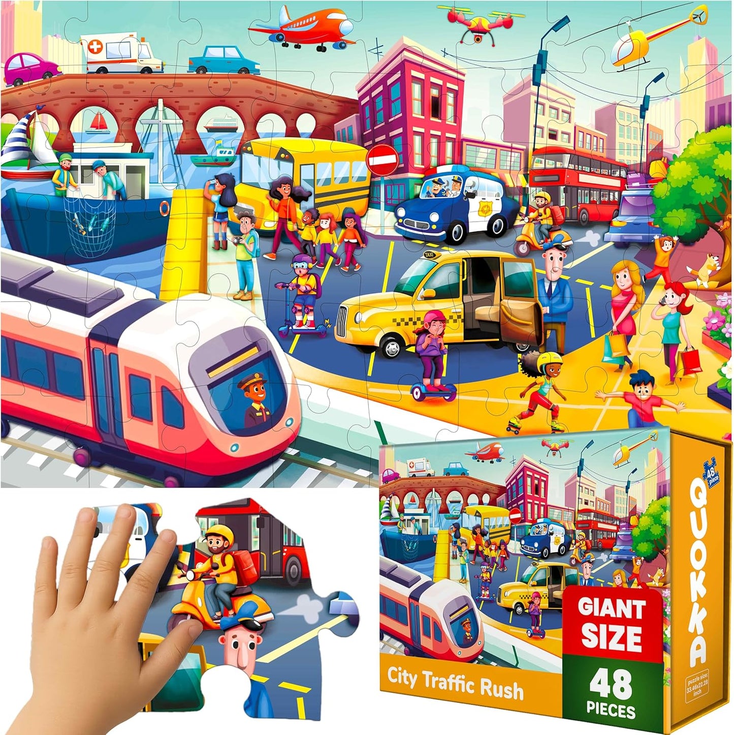 QUOKKA Giant Floor Puzzle for Kids Ages 4-6 – 2x3 Feet Extra-Thick 48 Pieces Toddler Puzzle Ages 3-5 – Construction Educational Activity for Boys Girls – Premium Box with Sturdy Handle & Magnetic