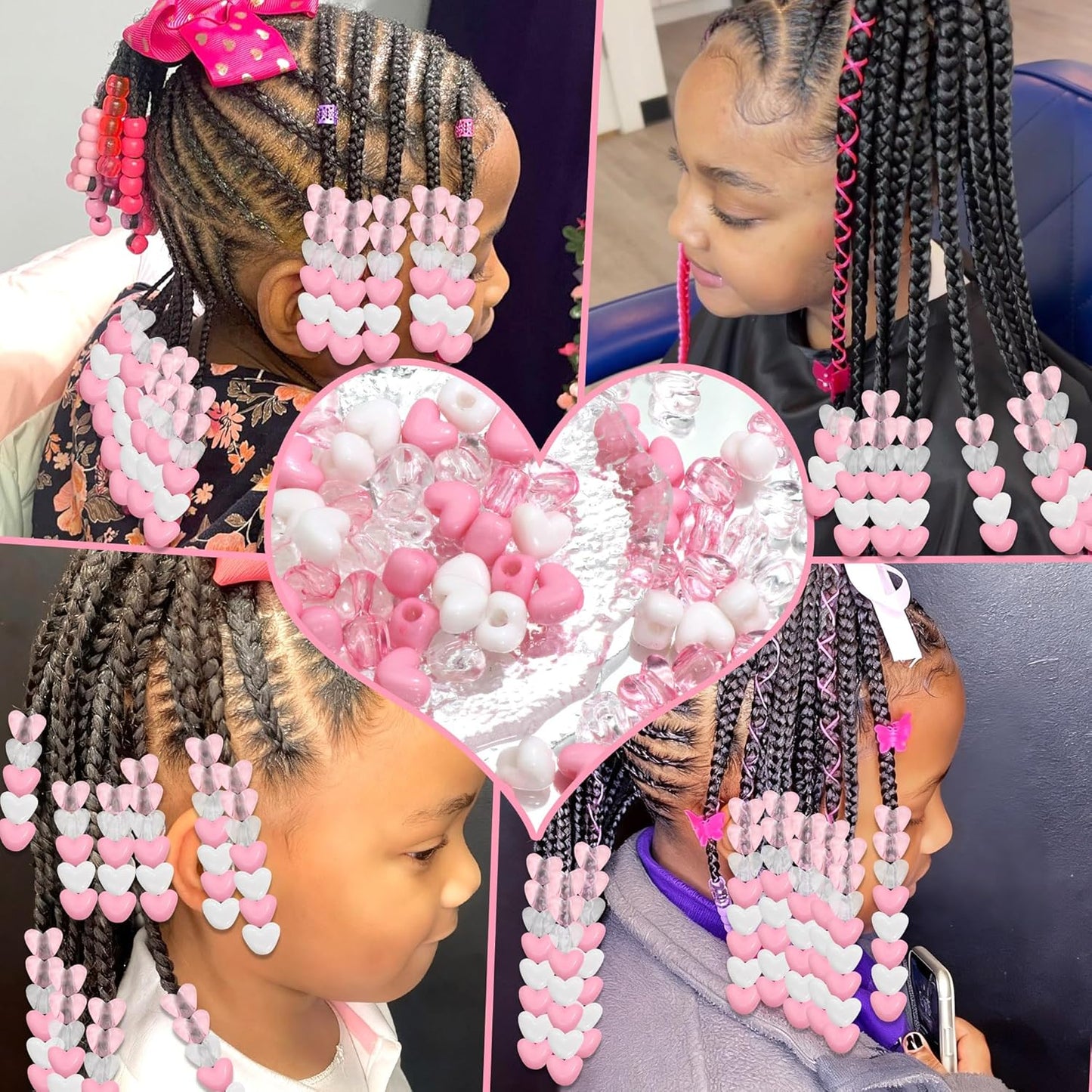 88PCS Pink White Hair Beads for Braids Lovely Heart Shape Loc Dreadlock Valentine's Day Bead Accessories Cute Acrylic Small Pony Beads for Kids Girls