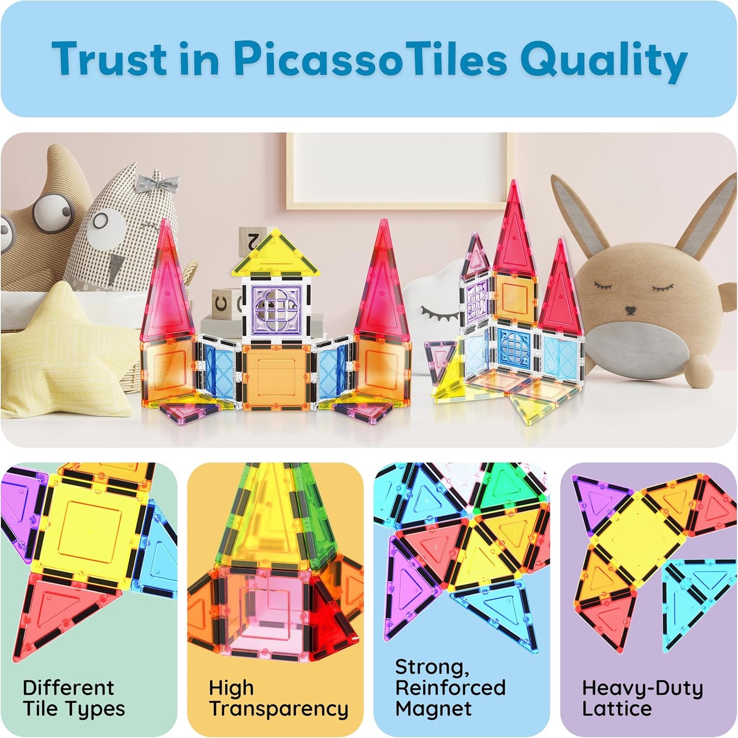 PicassoTiles 101 Piece Magnetic Tile Building Blocks Set with Durable Storage Bag STEM Educational Construction Magnet Toy Kit for Toddlers Preschool Kids Boys Girls Age 3 Plus Indoor Learning PT06